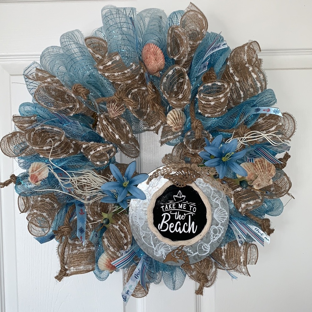 14 “ Beach themed wreath with beautiful light blue  deco mesh and burlap.